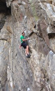 Entering the hardest bit of the low crux.