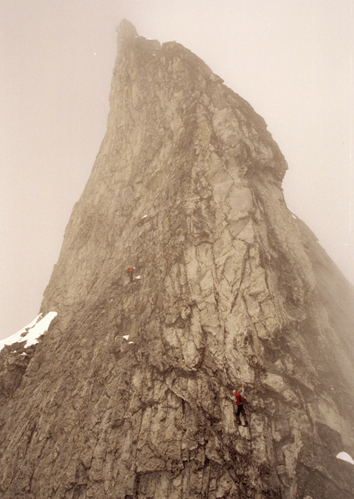 Marc Spriner (R) and I climbing into marginal weather on Devil's Thumb, Alaska.