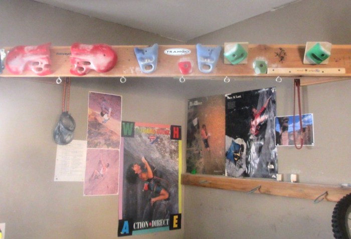 My old hangboard setup. A ridiculous amalgamation of modified hangboards, holds, rock rings and system tiles