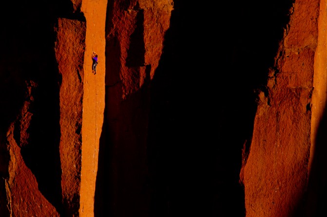 The author climbing Smith Rock’s To Bolt Or Not To Be