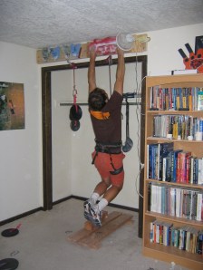 This photo shows a pretty sweet setup Mark had in Albuquerque.  He had the luxury of an empty closet doorway to use, so he had plenty of width to work with, and it didn’t interfere with closet storage because he wasn’t using it anyway. 