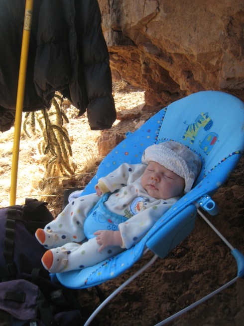 Our trusted bouncy seat has served us well for 3 years. Note the stick clip and down jacket poised to create shade in the upper left.