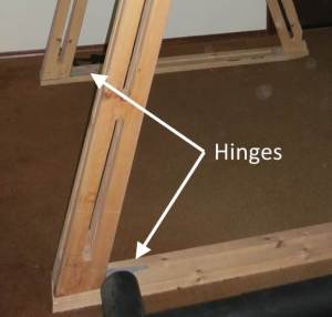 The hinges that join the base boards to the main support beams.