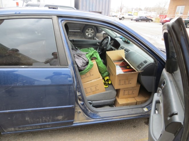 Loading just shy of 1,000 pounds of books into my creaking Honda Civic.