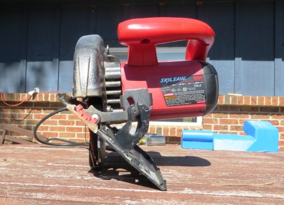 My circular saw, setup to cut at a 45-degree angle. The blade in this picture is the Diablo speed blade.