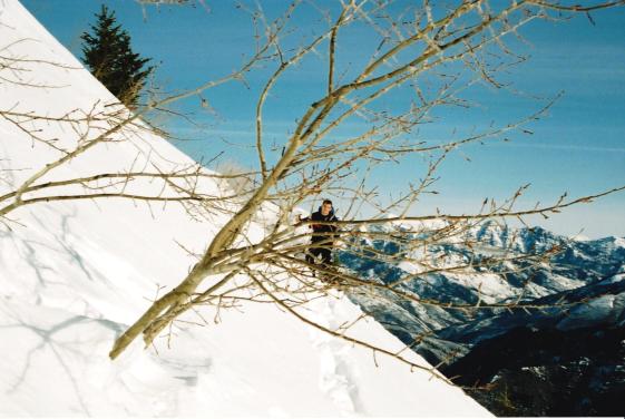 Tommy side-hilling towards the mountain.