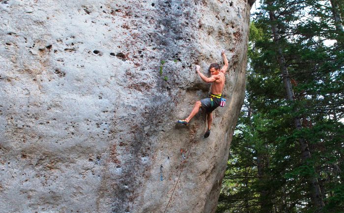 Jonathan crushing Moonshine, 5.14d, at the Wild Iris last summer. Photo Mike Anderson.