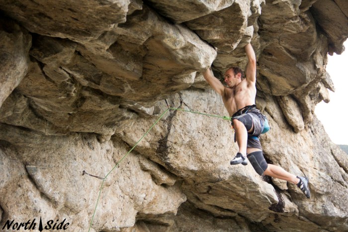 Figuring out the foot sequence before the FA of Full Metal Jacket, 5.13c.  Photo Keith North.