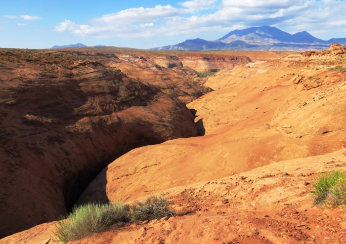 Leprechaun Canyon from the top, the Henry Mountains behind.