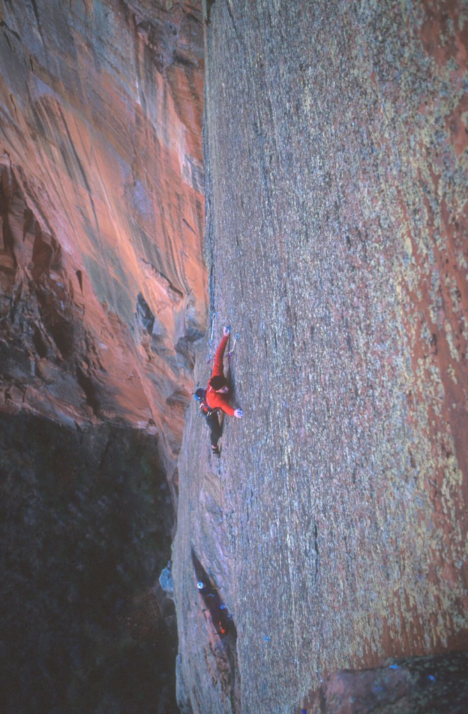 During my efforts to free the North Face of Angel's Landing, I learned that seemingly blank faces such as this, actually were covered in tiny patina face holds that could be free-climbed!