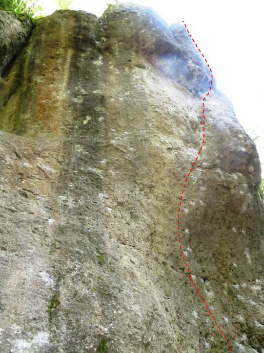 Chasin' the Trane climbs through the dihedral, under the big roof and then back left onto the headwall.