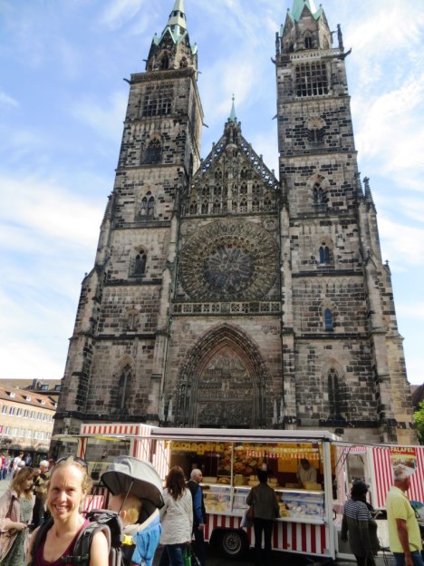 Kate and Amelie exploring the Nuremberg market below Lorenzkirche, the first of countless churches we would see.