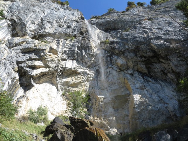 The Schleierwasserfall. There are routes all along the cliffband, but most of the famous lines are on the right side of the falls.