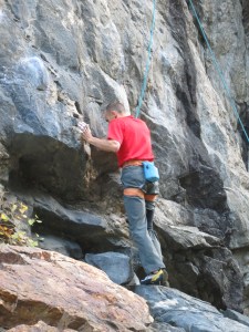 Psyching up to send, at the base of Prime Time.