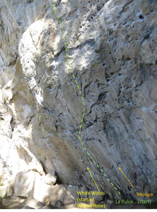 The green line notionally depicts Kommunist, a 5.14a that Alex Huber free-soloed in 2004. It’s a linkup that begins on a .13c called La Pulce d’Aqua, and ends on a .14d called Mongo. The steep lower panel appears as though it was cleaved by glacier action—it’s extremely slick, and all the pockets are downward sloping. I imagine the climbing demands lots of shouldery underclinging on extremely insecure footholds. At least the landing is pretty good!