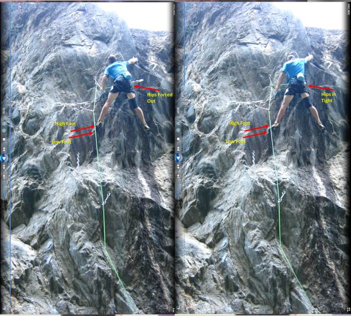Side-by-side video screen captures of the apex of the dyno.  The left image is from my failed redpoint attempt with the incorrect (higher) foothold. On the right, the lower foothold is used, and I have a longer reach because my hips are able to be closer to the wall.