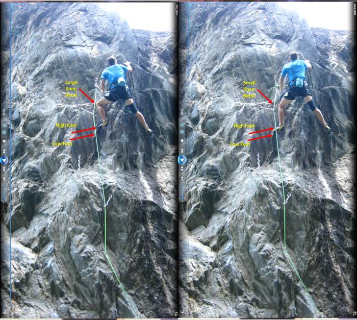 Setting up for the dyno. The left is from my failed redpoint attempt, the right image if the move correctly executed. Notice the different foot position, and how it affects the rest of my body.