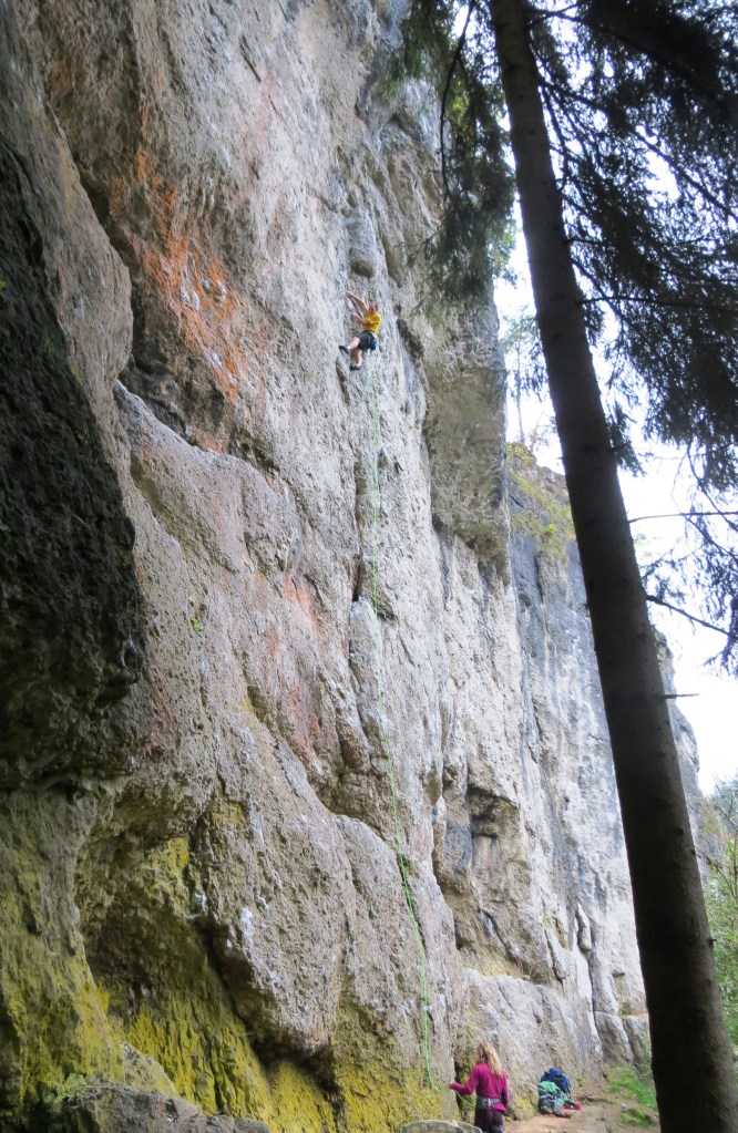 Onsighting the uber-classic Gullich pump-fest Treibjagd, ~5.12c, on Puttlacher Wand.