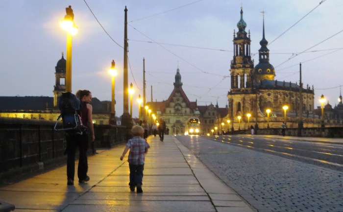 Walking across the Augustusbrucke back into the Altstadt.  The central building is the Residenzschloss (palace) and a cathedral is to the right.