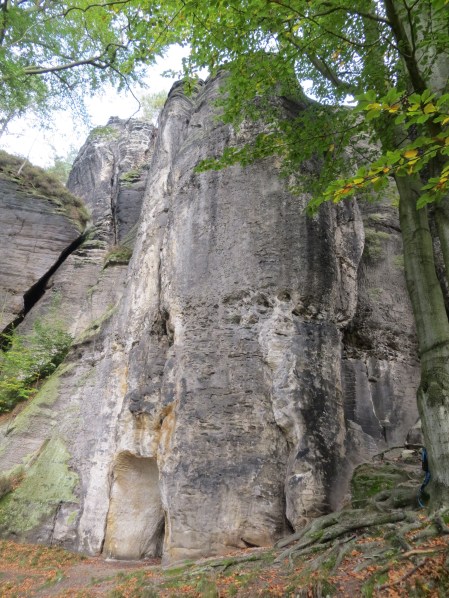 The small pseudo-tower I chose to climb. The line began up the white, left-facing flake, then veered right onto the black-streaked face.