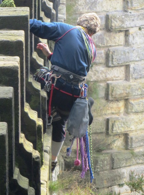 A pair of experienced locals approaching a route in the Bastei. Note the elaborate “Monkey Fist” knots dangling from the Frau’s harness. These are slotted into cracks for “protection”. Apparently they work to some extent.