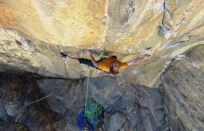 One of many big spans, this one near the start of the upper boulder problem.