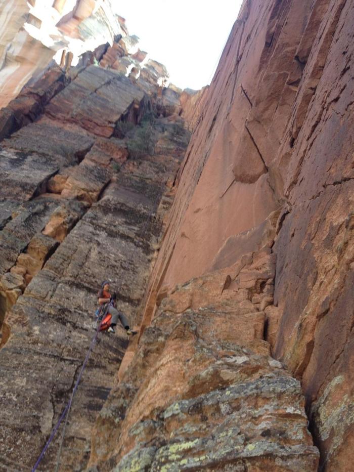 Pitch 4 as seen from the belay. You can get a sense of the angle of the wall from the rappel rope. Note the two short bulges, and the splitter offset above.