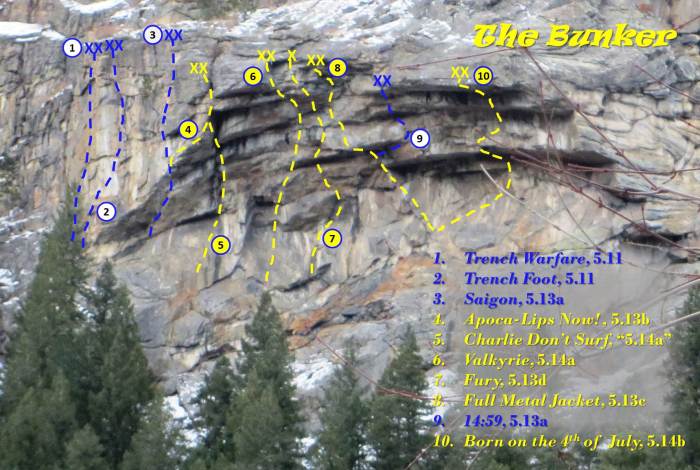 Topo of The Bunker with “my“ routes highlighted in yellow.