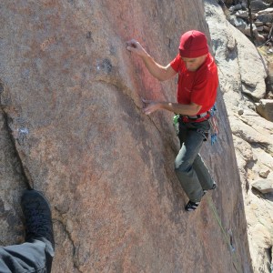 Nearing the big flake that leads to the neighboring "Schmausser Traverse" route...the FA is in the bag now!