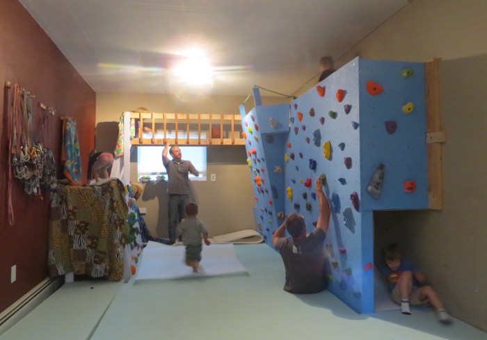 Mayhem! From L to R: Ayla topping out the slab, Logan rolling a basketball across the catwalk, Mike J supervising, Xander running, Mark S contemplating a sit start, Lucian running across the high platform, and Quinn coming out of the slide tunnel.