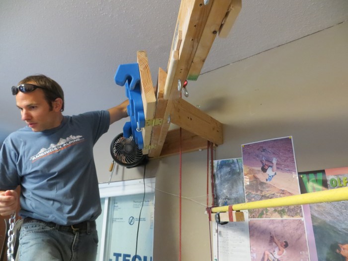 Rotating hangboard fixture to allow us to test Draft. Note the hinges at the bottom.