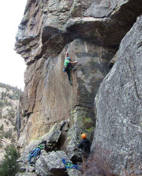 Irony Man starts up this sweet arête, but deteriorates a bit on the upper half. To the left is another ultra-techy 5.12, Iron Maiden.