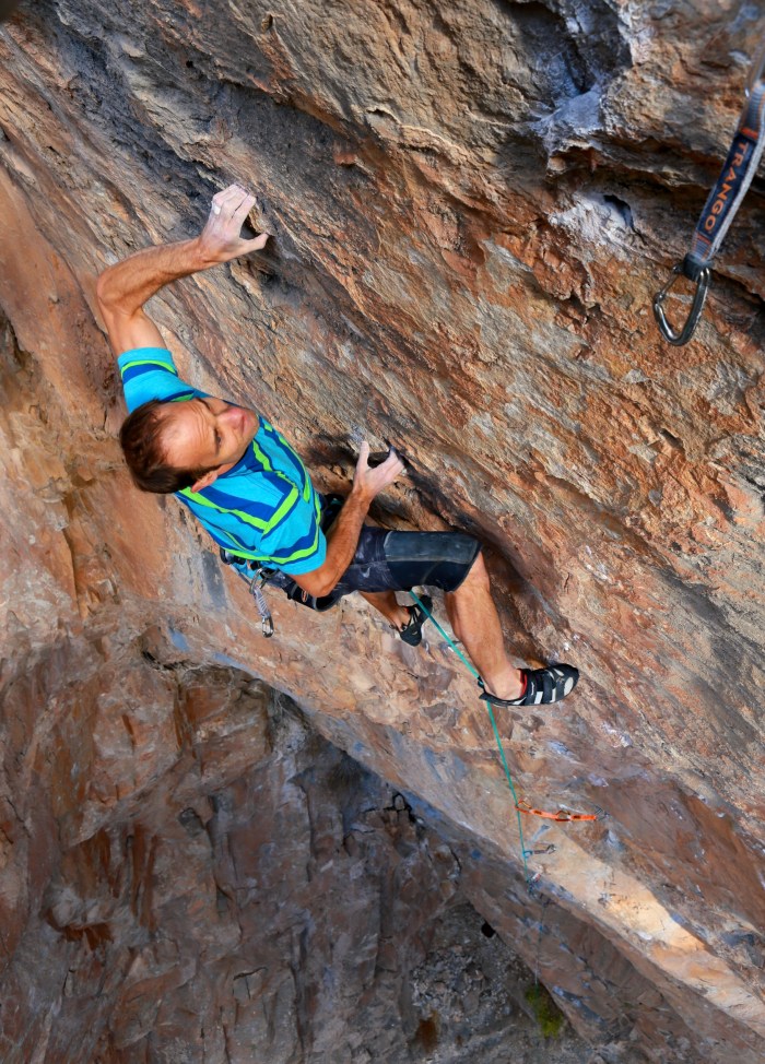 At the "Crimp Crux", eyeing the shallow crimp/pocket that had eluded me on 8 one-hang ascents.
