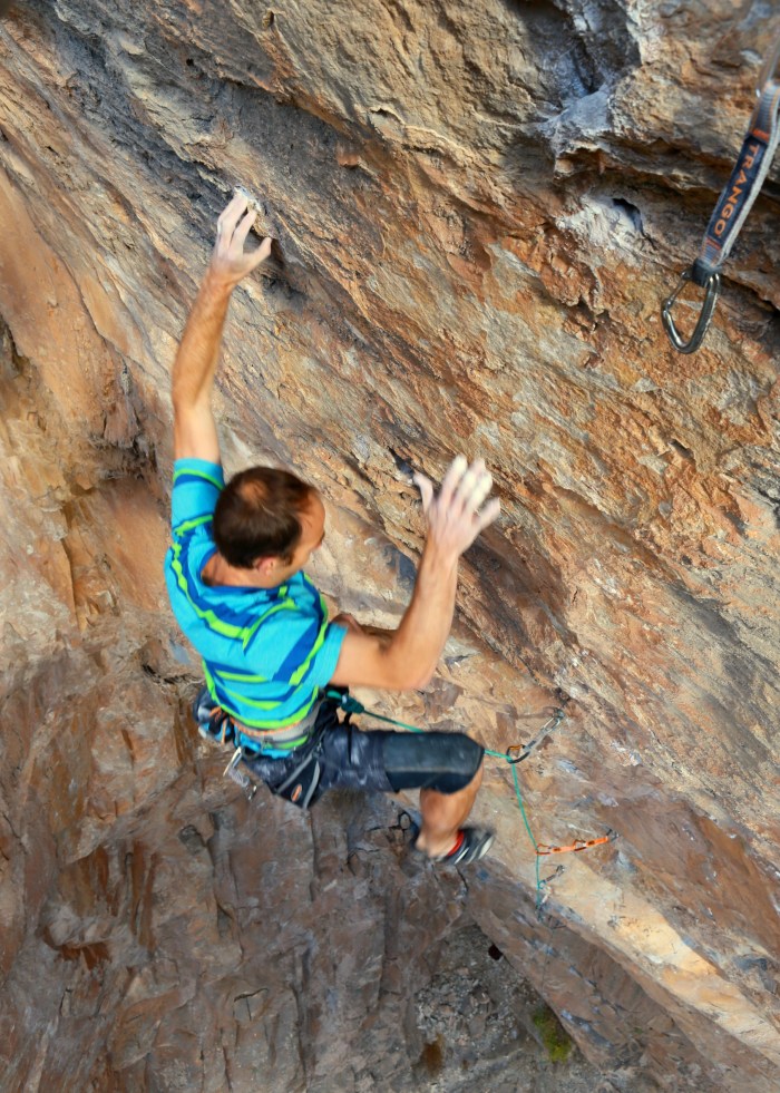 Falling off at the Crimp Crux--an experience I was all-too familiar with. Photo Mike Anderson.