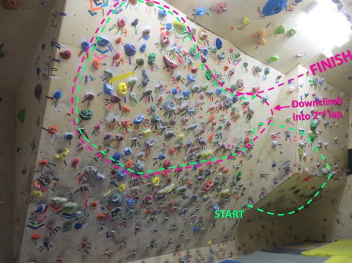 The pink line shows the extension to the Green Traverse, brining the hand-move count to 52.